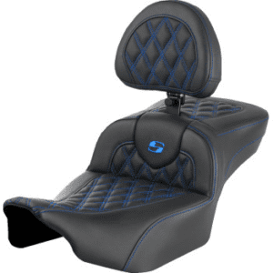 SADDLEMEN Roadsofa™ Extended Reach Seat - with Backrest - Lattice Stitch - Blue Stitch - FLTR/FLHX '23-'24 823-07-184B1